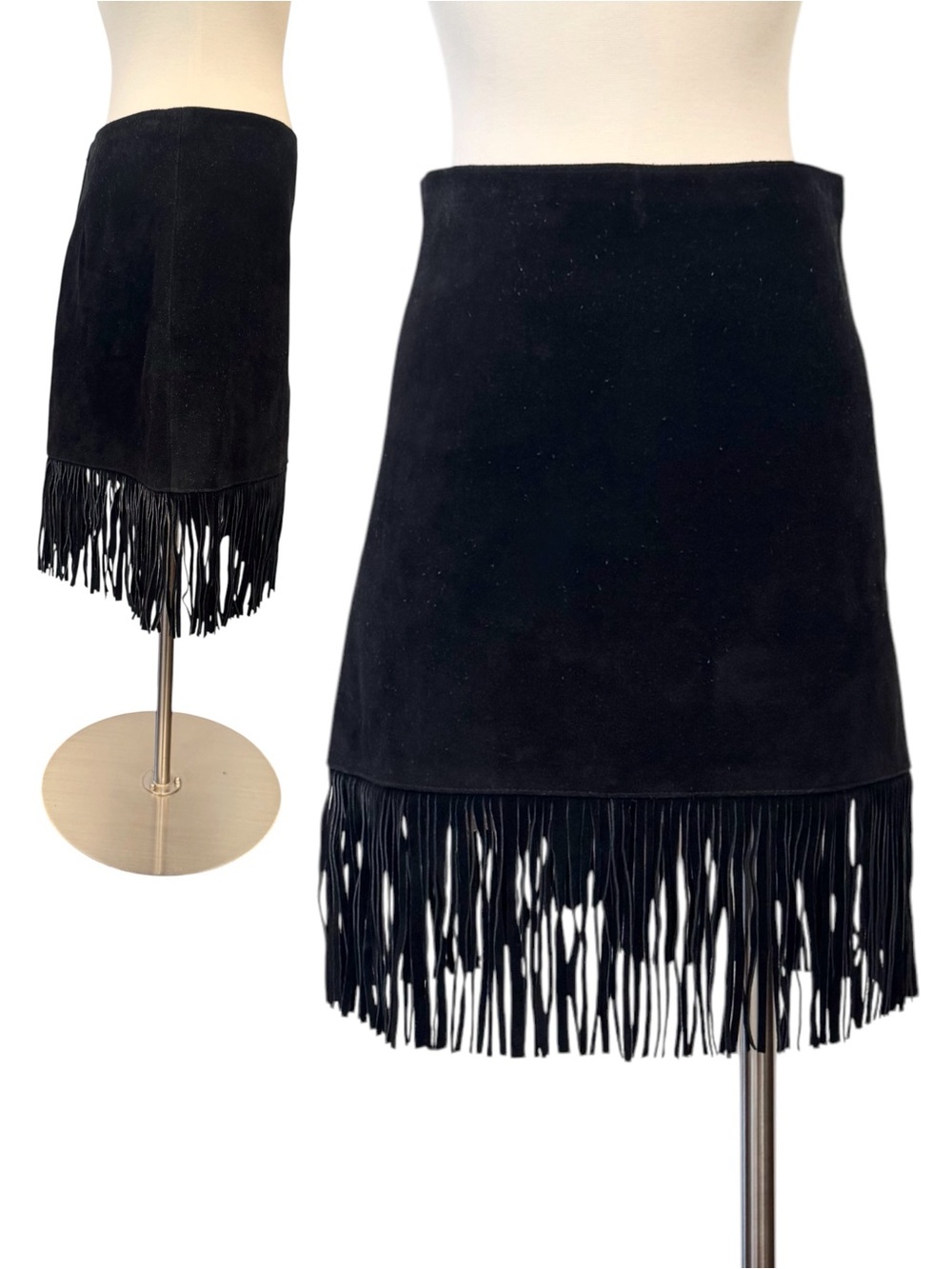 Vintage Suede Black Fringe Passport Genuine Leather Cowgirl Biker Chic Y2K Skirt